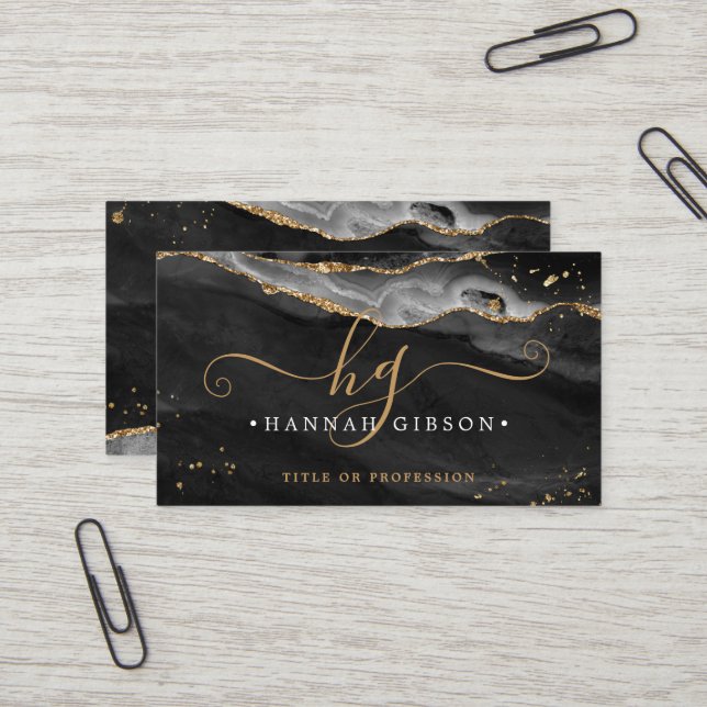 Black Agate Script Monogram Imitate Gold Glitzer Visitenkarte (Vorderseite/Rückseite Beispiel)