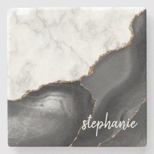 Black Agate Signature White Marble Gold Glitzer Steinuntersetzer
