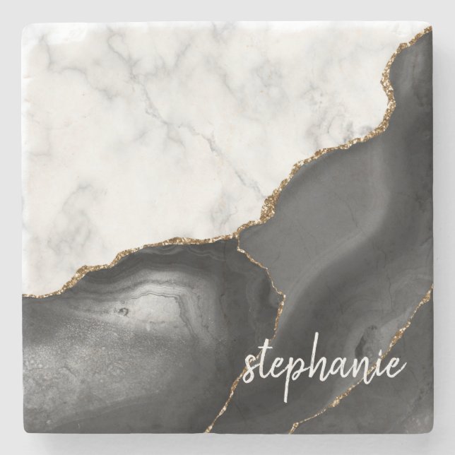 Black Agate Signature White Marble Gold Glitzer Steinuntersetzer (Vorderseite)