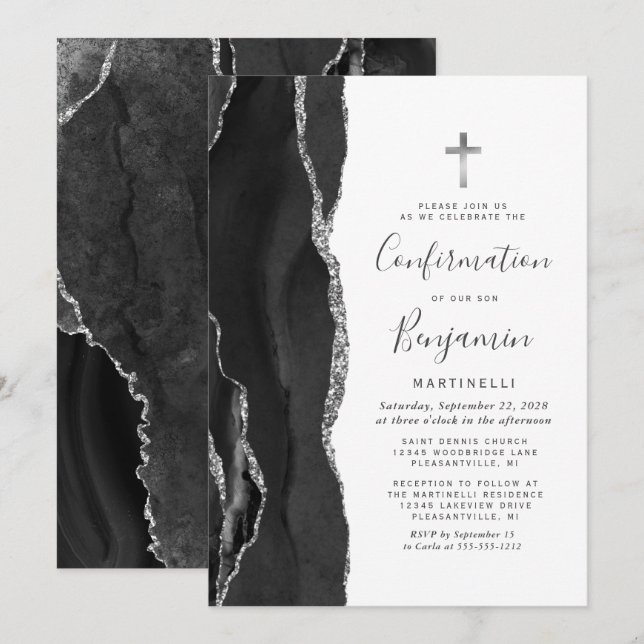 Black Agate Silver Glitzer Bestätigung Einladung (Vorne/Hinten)