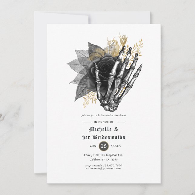Black an Gold Floral Gothic Bridesmaids Luncheon Einladung (Vorderseite)