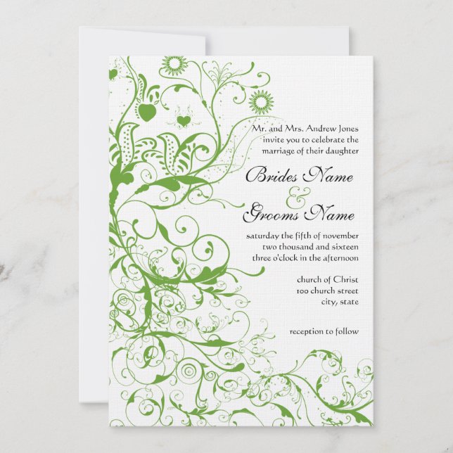 Black and Apple Green Bird Swirt Einladung (Vorderseite)