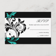 Black and Aqua Floral Swirl Wedding RSVP