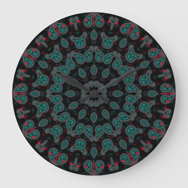 Black and Aqua Paisley Boho Muster Große Wanduhr (Vorderseite)