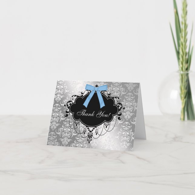Black and Blue Damask Baby Dusche Danke Karte (Vorderseite)