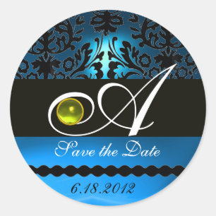 BLACK AND BLUE DAMASK MONOGRAM, Gelbes Topaz Runder Aufkleber