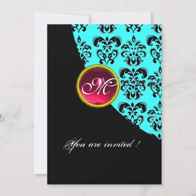 BLACK AND BLUE DAMASK MONOGRAM, Red ruby, Turquase Einladung (Vorderseite)