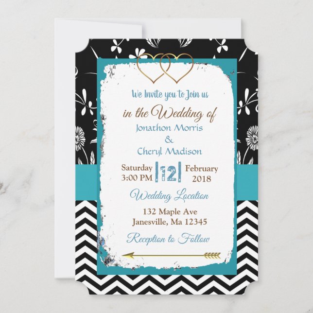 Black and Blue Gold Hearts Einladung Hochzeiten (Vorderseite)