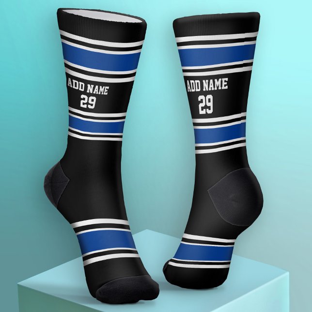 Black and Blue Sport Jersey - Name Number Socken (Custom Sport Socks - Add Jersey Name and Number)