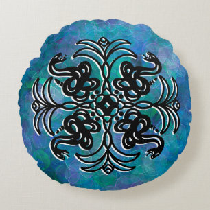 Black and Blue Tribal Snake Mandala Rundes Kissen