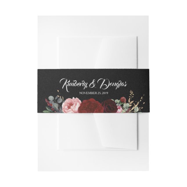 Black and Burgundy Red Florals Wedding Einladungsbanderole (Vorderseite Beispiel)