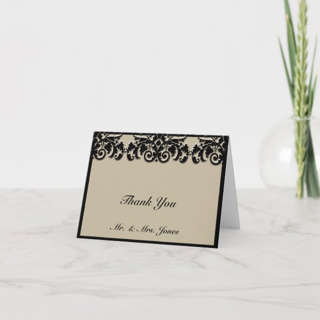 Black and Cream Floral Embossed Wedding Vielen Dan Dankeskarte (Vorderseite)