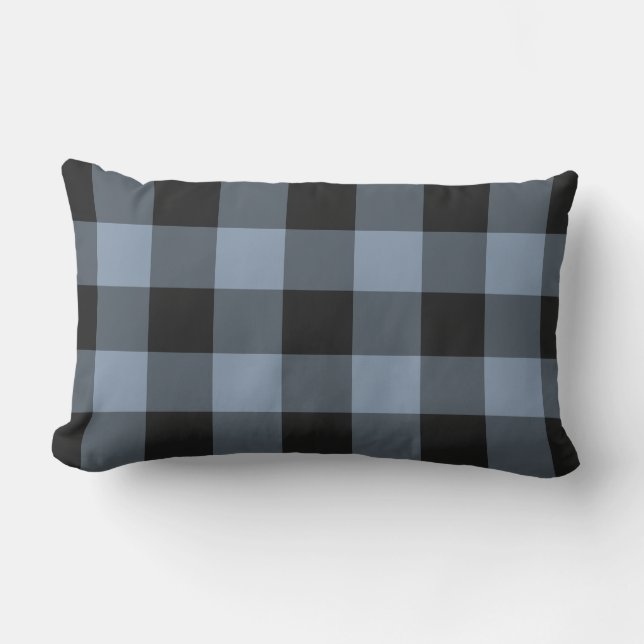 Black and Denim Blue Gingham Buffalo Karo Pattern Kissen Für Draußen (Vorderseite)