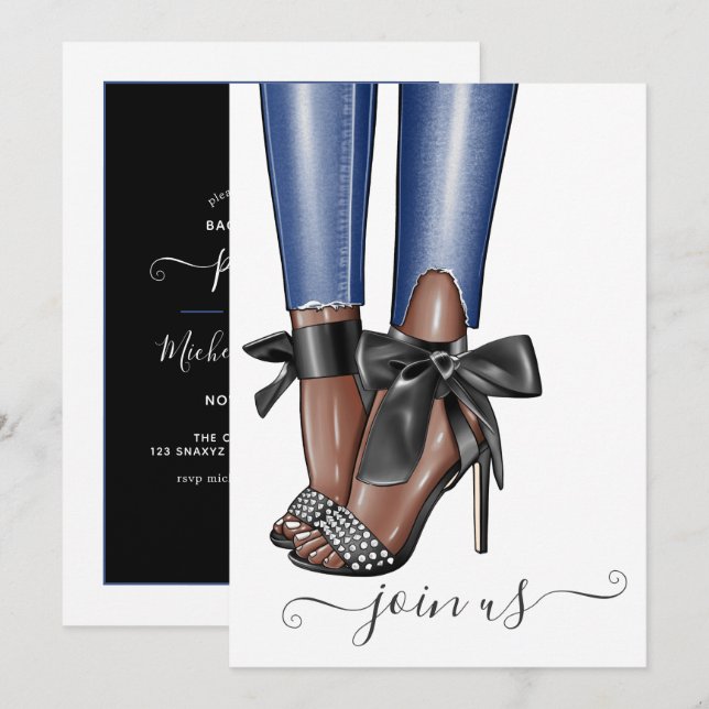 Black and Denim Fashionista Bachelorette Einladung (Vorne/Hinten)