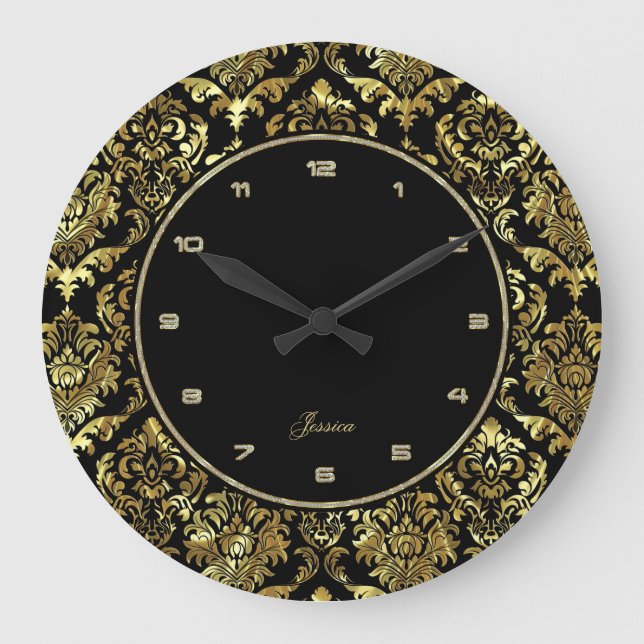 Black And Faux Gold Floral Damasks Große Wanduhr (Vorderseite)