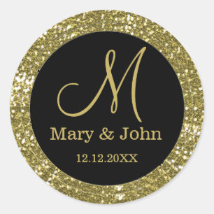 Black and Glitzer Gold Wedding Monogram Siegel Runder Aufkleber