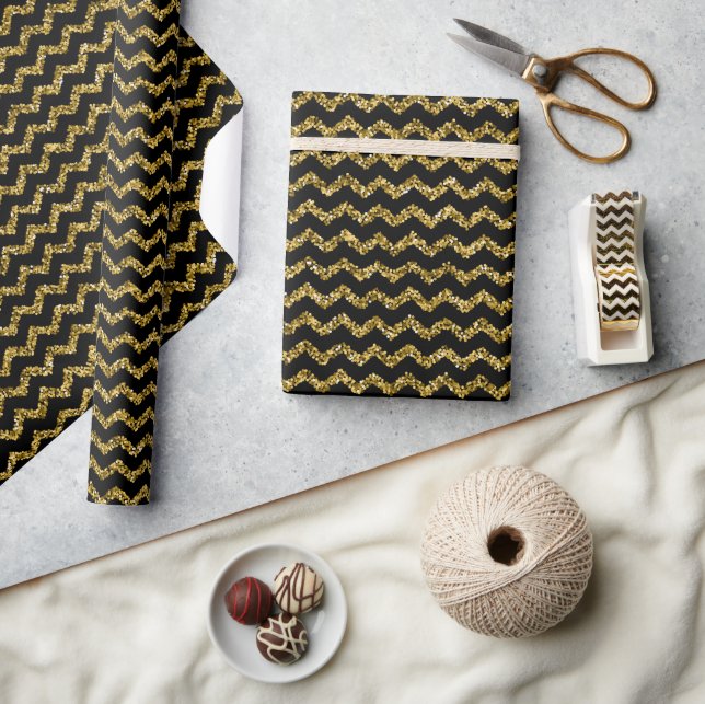 Black and Glitzer Gold Zigzag Muster Geschenkpapier (Kunsthandwerk)