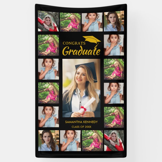 Black and Gold 17 Foto Collage Graduation Party Banner (Vertikal)