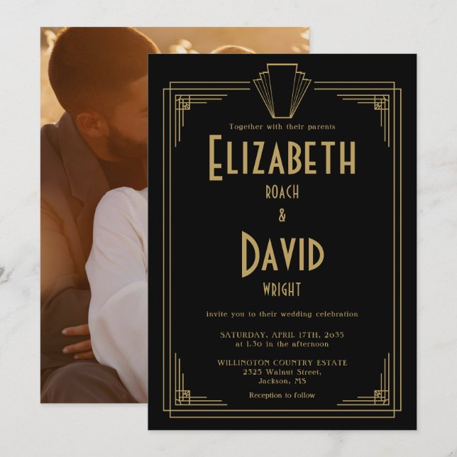Black and Gold 1920er Art Deco Foto Hochzeit Einladung (Vorne/Hinten)