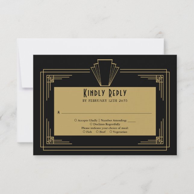 Black and Gold 1920er Art Déco Hochzeit RSVP Karte (Vorderseite)