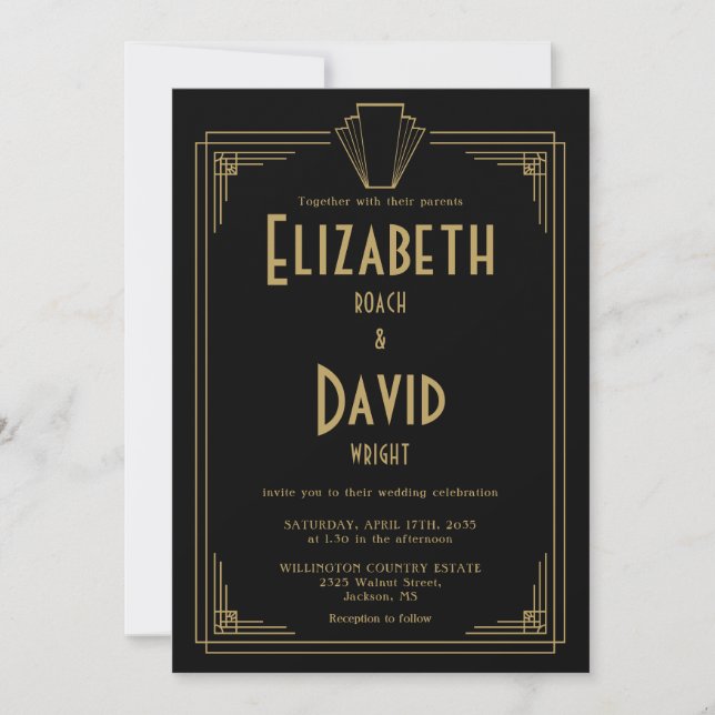Black and Gold 1920er Art Deco QR Code Hochzeit Einladung (Vorderseite)