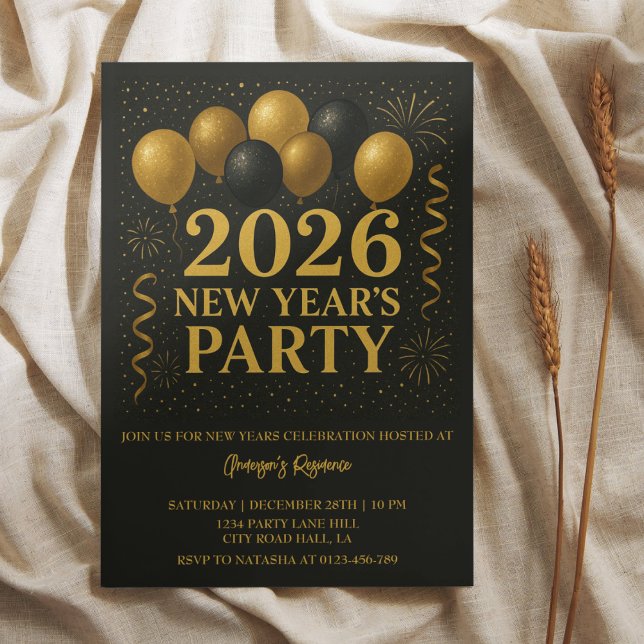 Black And Gold 2026 New Year Party Einladung (Von Creator hochgeladen)