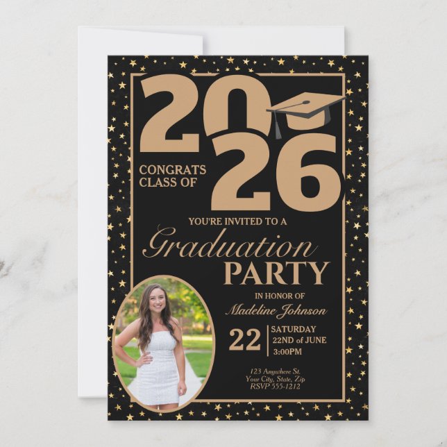 Black and Gold 2026 Photo Graduation Invitation (Devant)