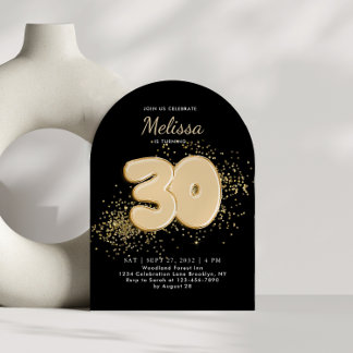 Black and Gold 30. Balloons Erwachsene Geburtstags Einladung