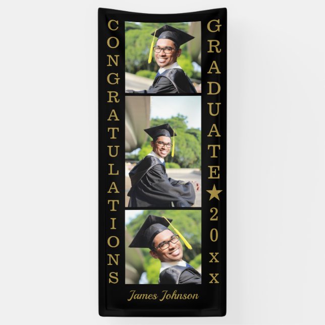 Black and Gold 3 Foto Glückwunschs 2022 Graduate Banner (Vertikal)