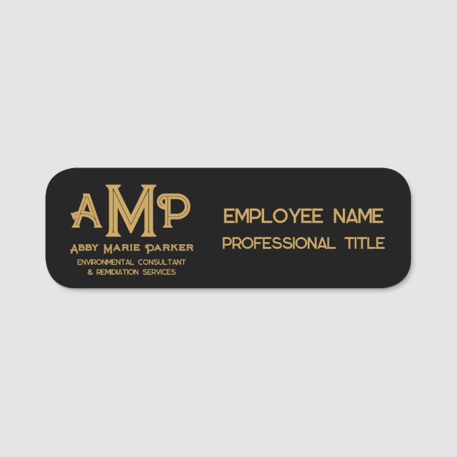 Black and Gold 3 Letter Monogram Business Employee Namensschild (Vorderseite)
