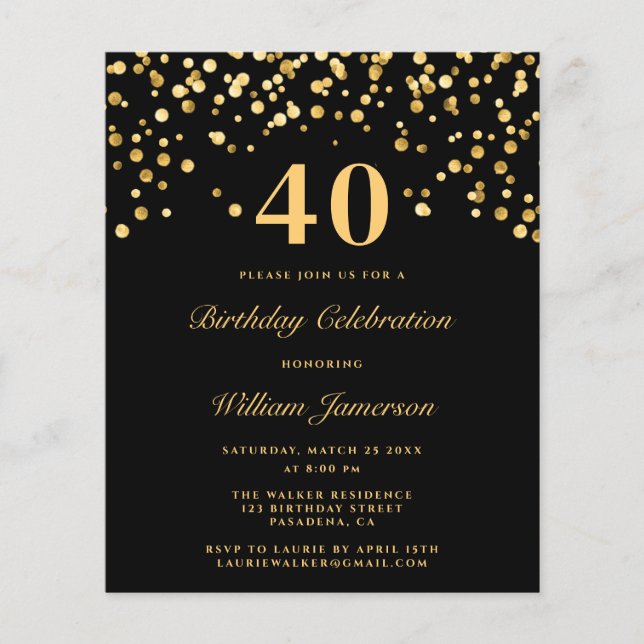 Black and Gold 40. Geburtstag Party Flyer (Vorne)