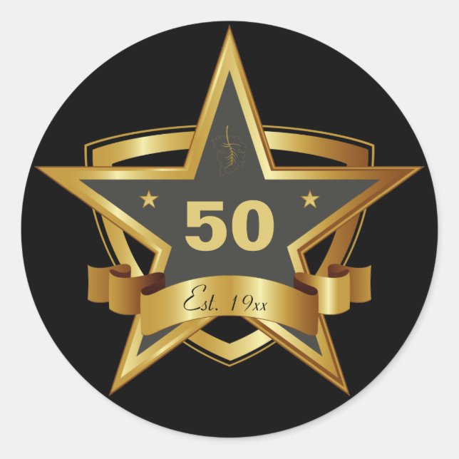 Black and Gold 50. Geburtstag Star Runder Aufkleber (Vorderseite)