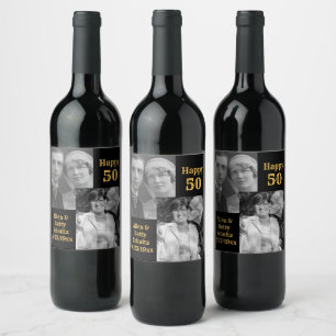 Black and Gold 50 Jahre Personalisiertes Foto Weinetikett