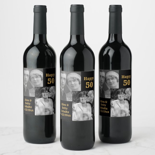 Black and Gold 50 Jahre Personalisiertes Foto Weinetikett (Flaschen)