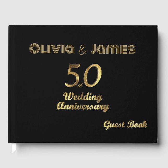 Black and Gold 50. Wedding Anniversary Gast Book Gästebuch (Vorderseite)