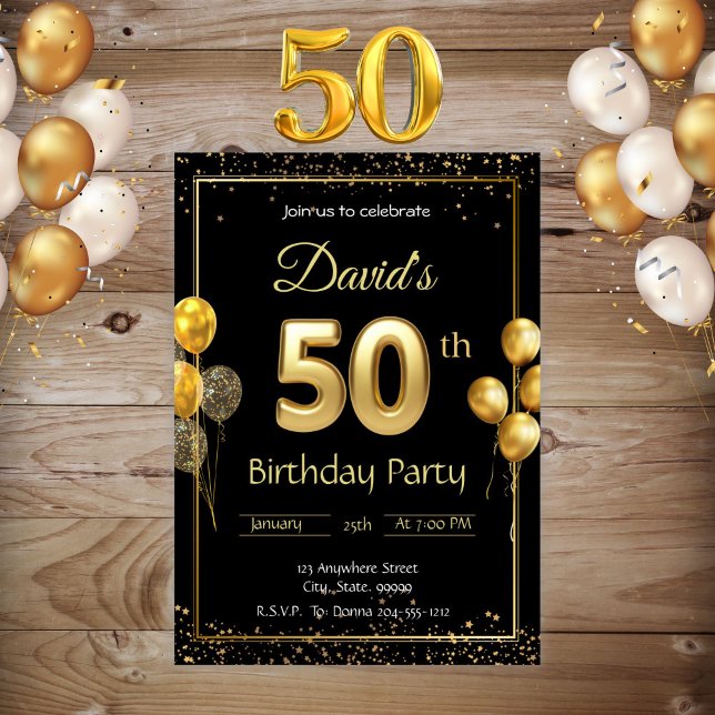 Black and Gold 50th Birthday Invitation (Créateur téléchargé)