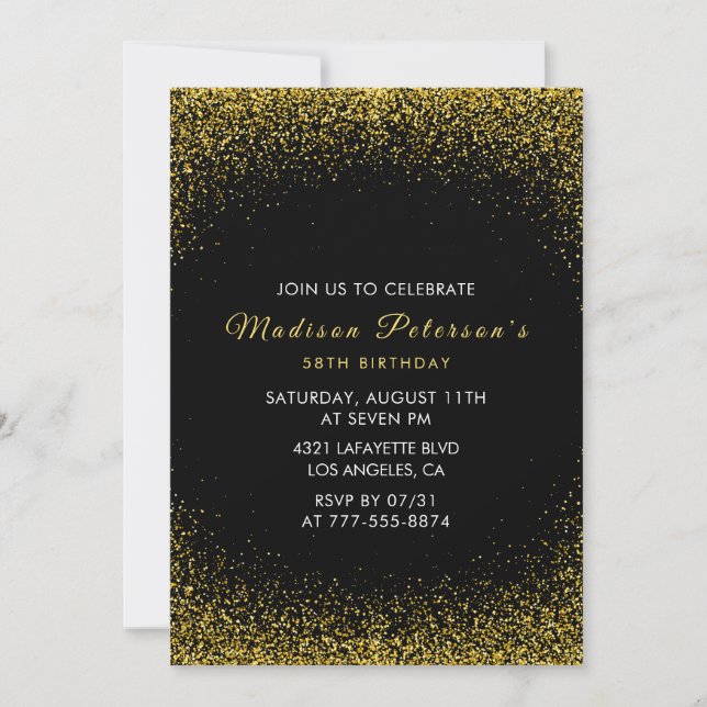 Black and Gold 58. Geburtstag Glam Glitzer Einladung (Vorderseite)