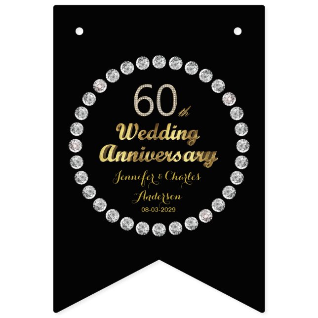Black and Gold 60. Diamond Wedding Jubiläum Wimpelkette (Erste Fahne)
