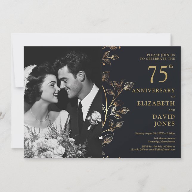 Black and Gold 75. Hochzeitstag Foto Einladung (Vorderseite)