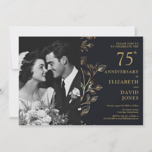 Black and Gold 75. Hochzeitstag Foto Einladung