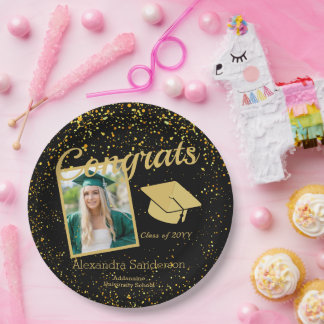 Black and Gold Abschluss Senior Foto Class 20xx, Pappteller