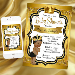 Black and Gold African American Prince Baby Dusche Einladung