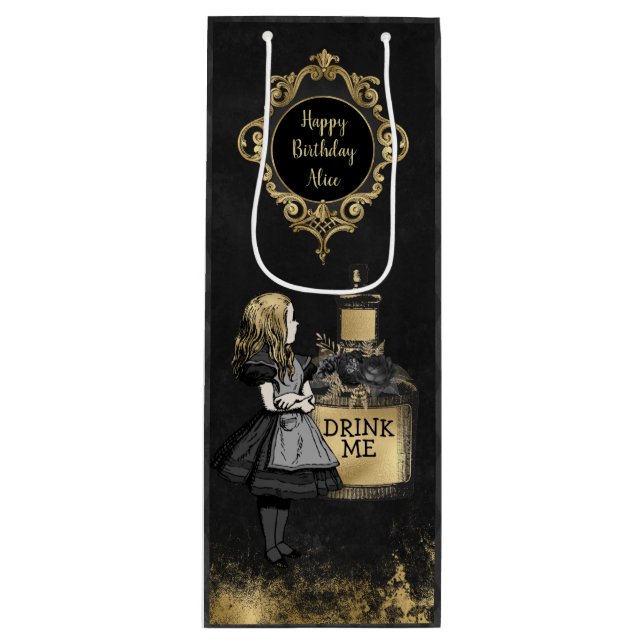 Black and Gold Alice trinken mich Geschenktüte Für Weinflaschen (Vorderseite)
