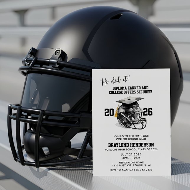 Black and Gold American Football Graduation Party Einladung (Football Graduation Party Invitation | Graduation Invitations for Football Players)