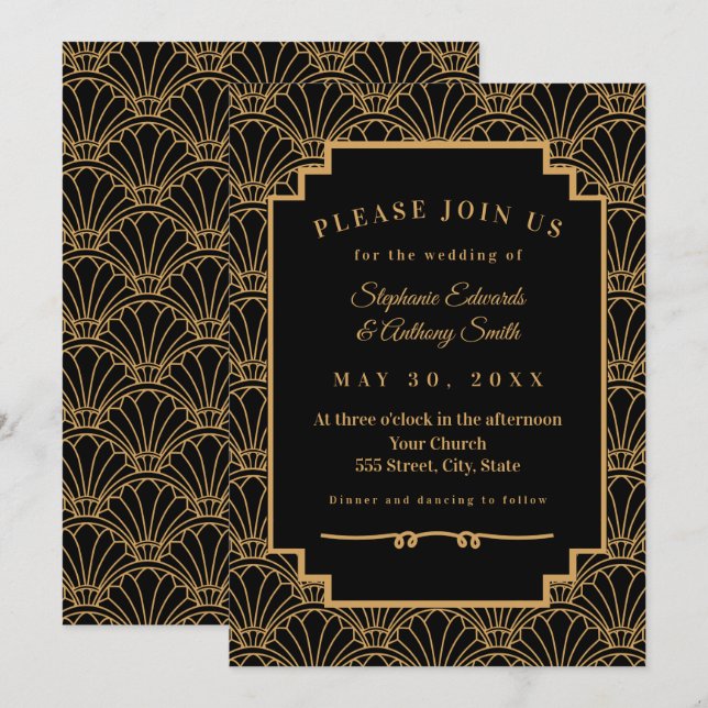 Black and Gold Art Deco Fan Blume Hochzeit Einladung (Vorne/Hinten)