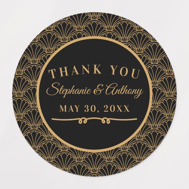 Black and Gold Art Deco Fan Blume Hochzeit Etiketten (Design 1)