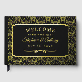 Black and Gold Art Deco Fan Blume Hochzeit Gästebuch