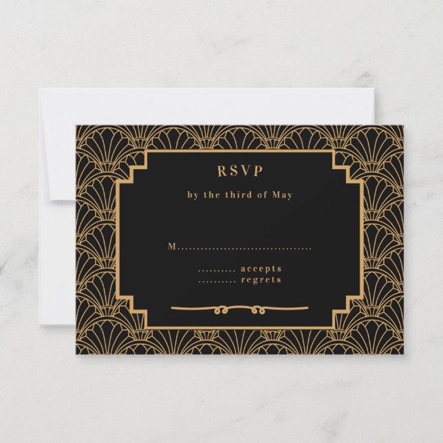 Black and Gold Art Deco Fan Blume Hochzeit RSVP Karte (Vorderseite)