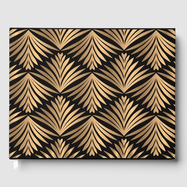 Black and Gold Art Deco Floral Gatsby Hochzeit Gästebuch (Vorderseite)