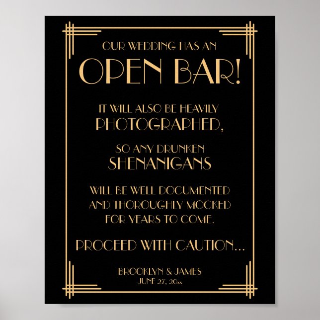 Black and Gold Art Deco Gatsby Open Bar Sign 8x10 Poster (Vorne)